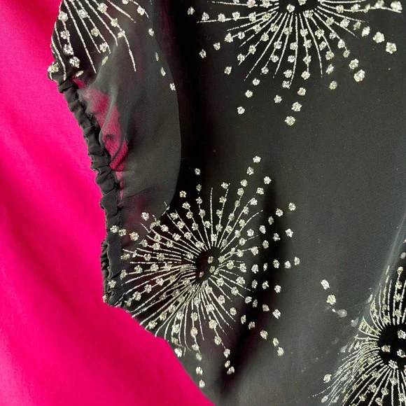 Vintage Silver Glitter Fireworks Black Sheer Short Sleeve Party Top Glances - Picture 8 of 17